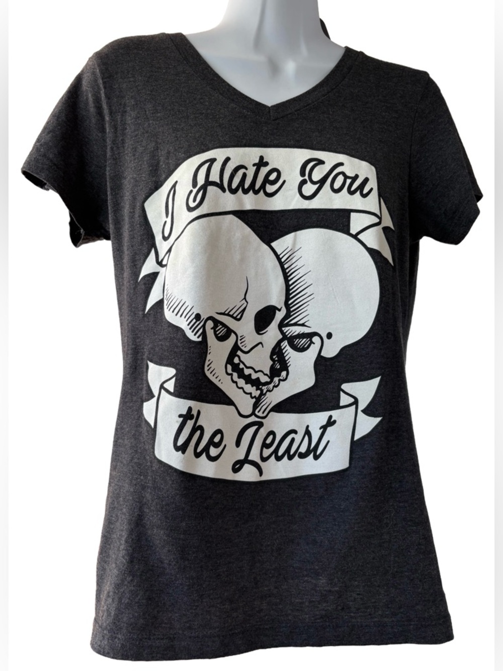 Black Matter Womens Charcoal Gray Skull Graphic Tee - I Hate You the Least